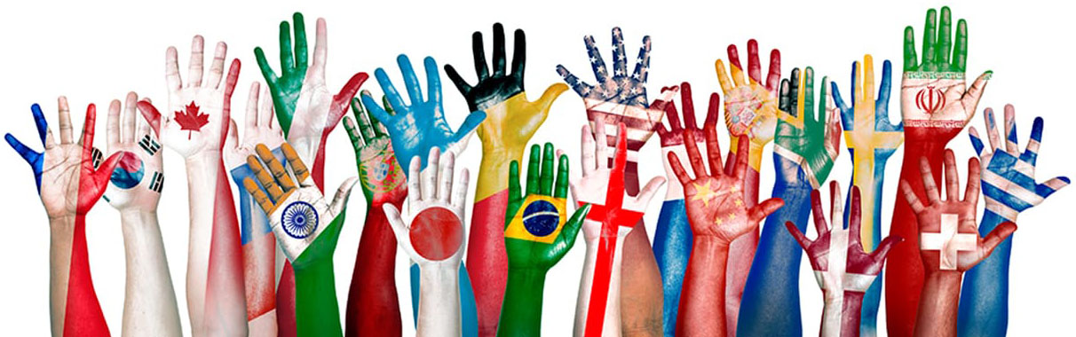 hands with flags of various countries painted on them, raised up
