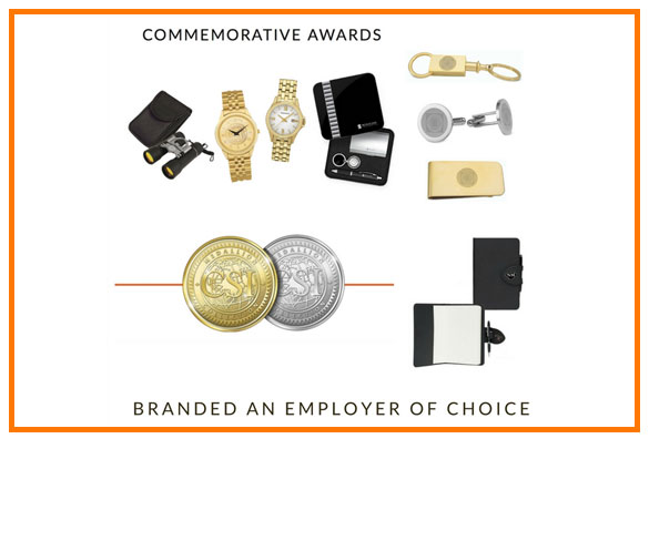 "COMMEMORATIVE AWARDS BRANDED AN EMPLOYER OF CHOICE" written along with watches, key holders, clip, notebook and many more
