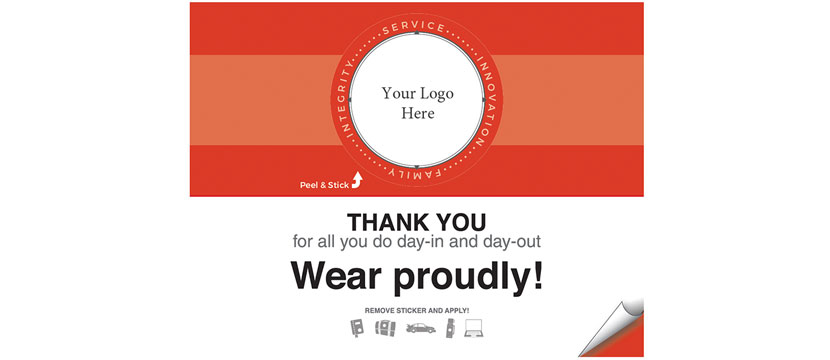 a white and orange thank you sticker that says Wear proudly!